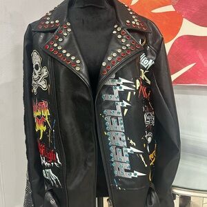 Studded Black Leather Jacket NWT (Large Patches) Unisex (Size M) Majestik